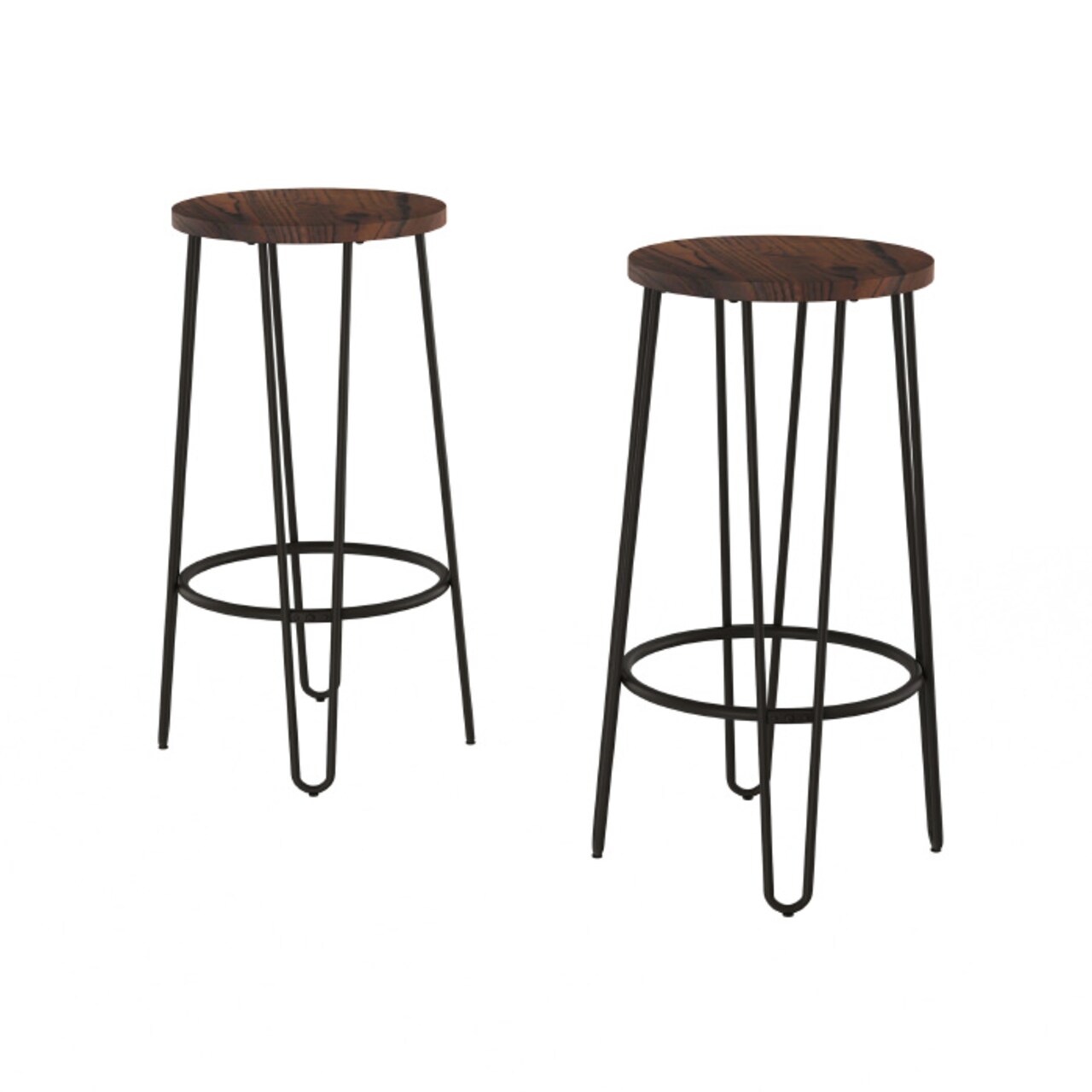 2 Pack Backless Bar Height Stools Dark Walnut Wood Seat Hairpin Legs Kitchen Dining